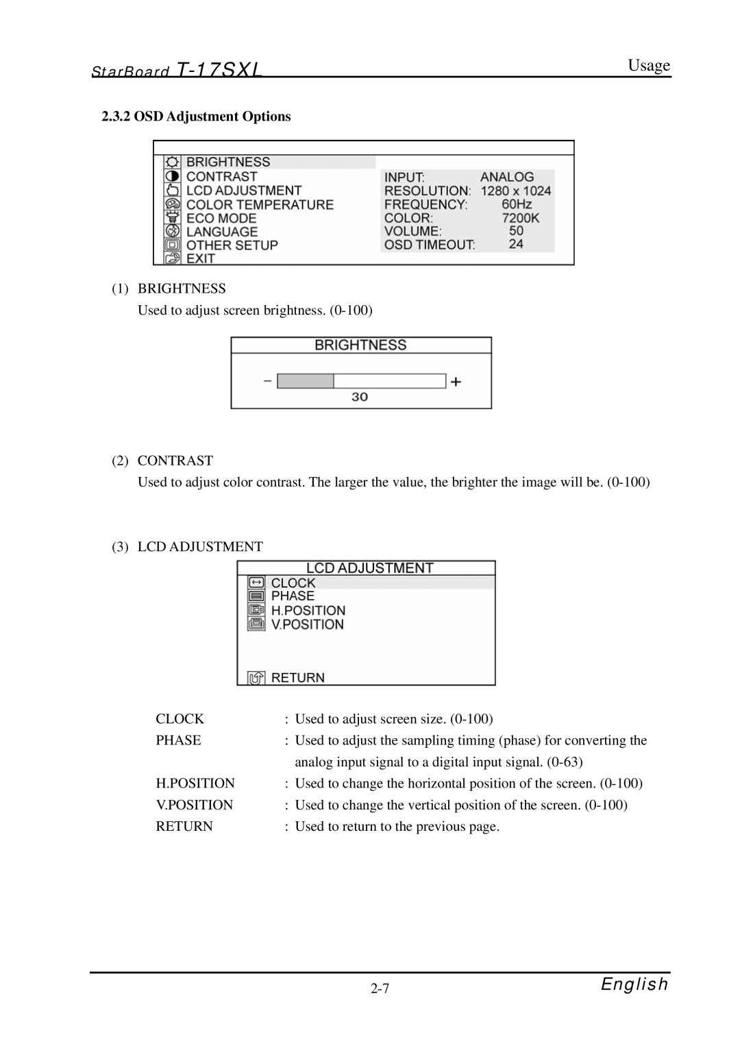 Hitachi starboard manual Usage, OSD Adjustment Options 