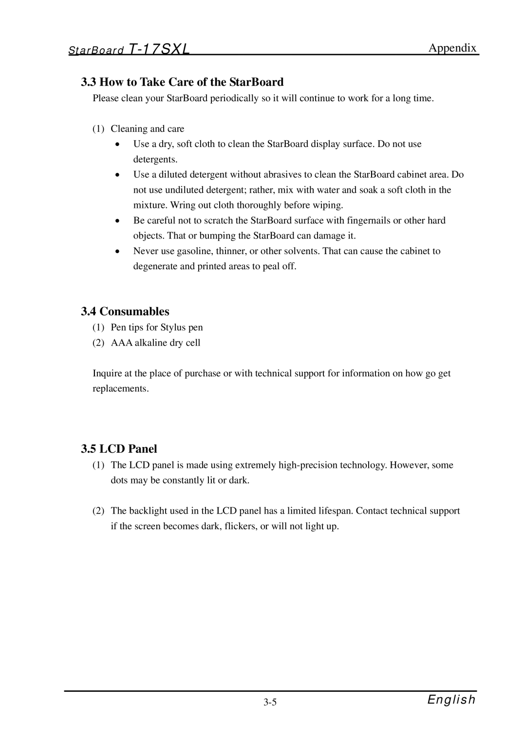 Hitachi starboard manual How to Take Care of the StarBoard, Consumables, LCD Panel 