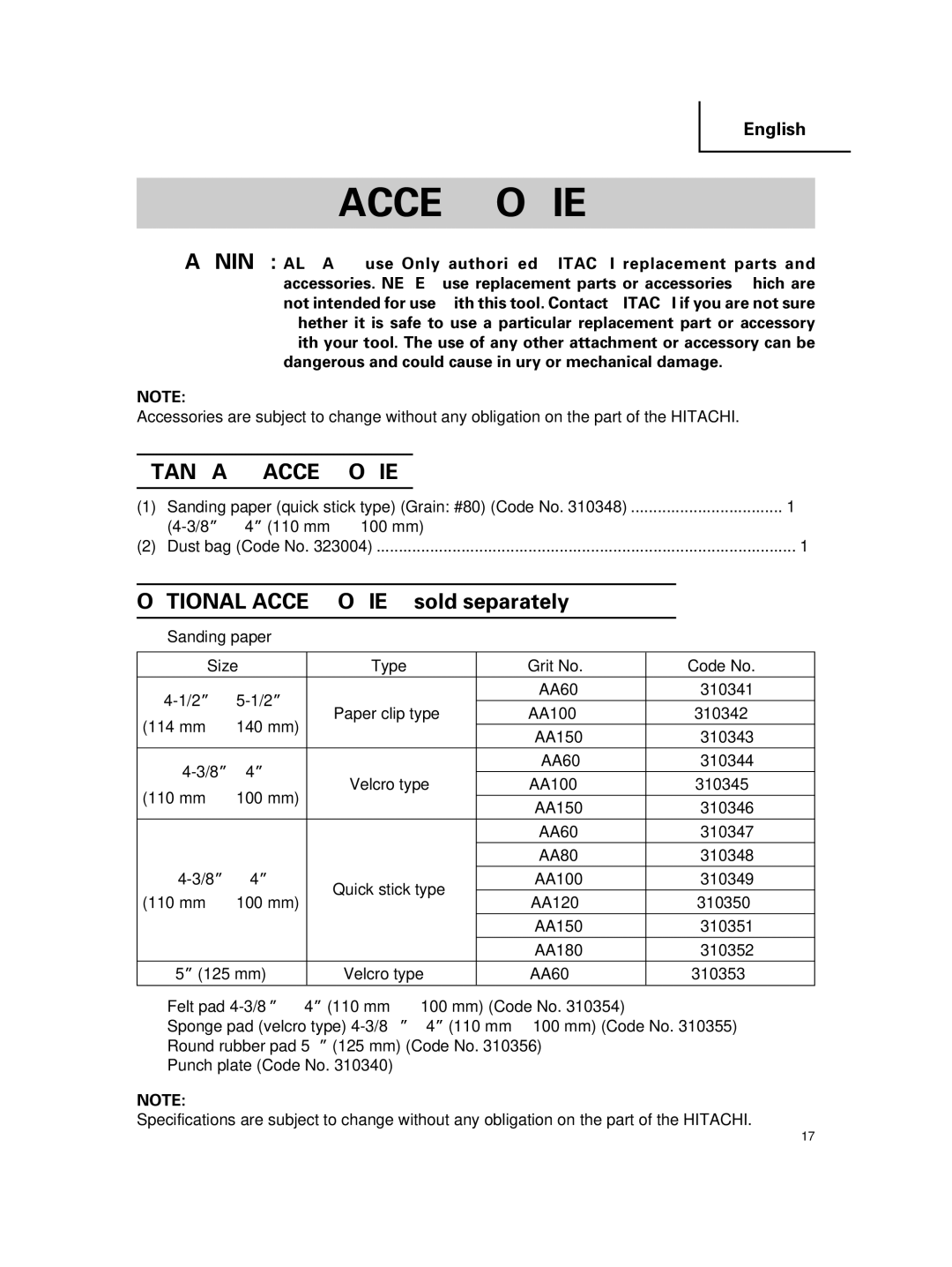 Hitachi SV 12SG instruction manual Standard Accessories 