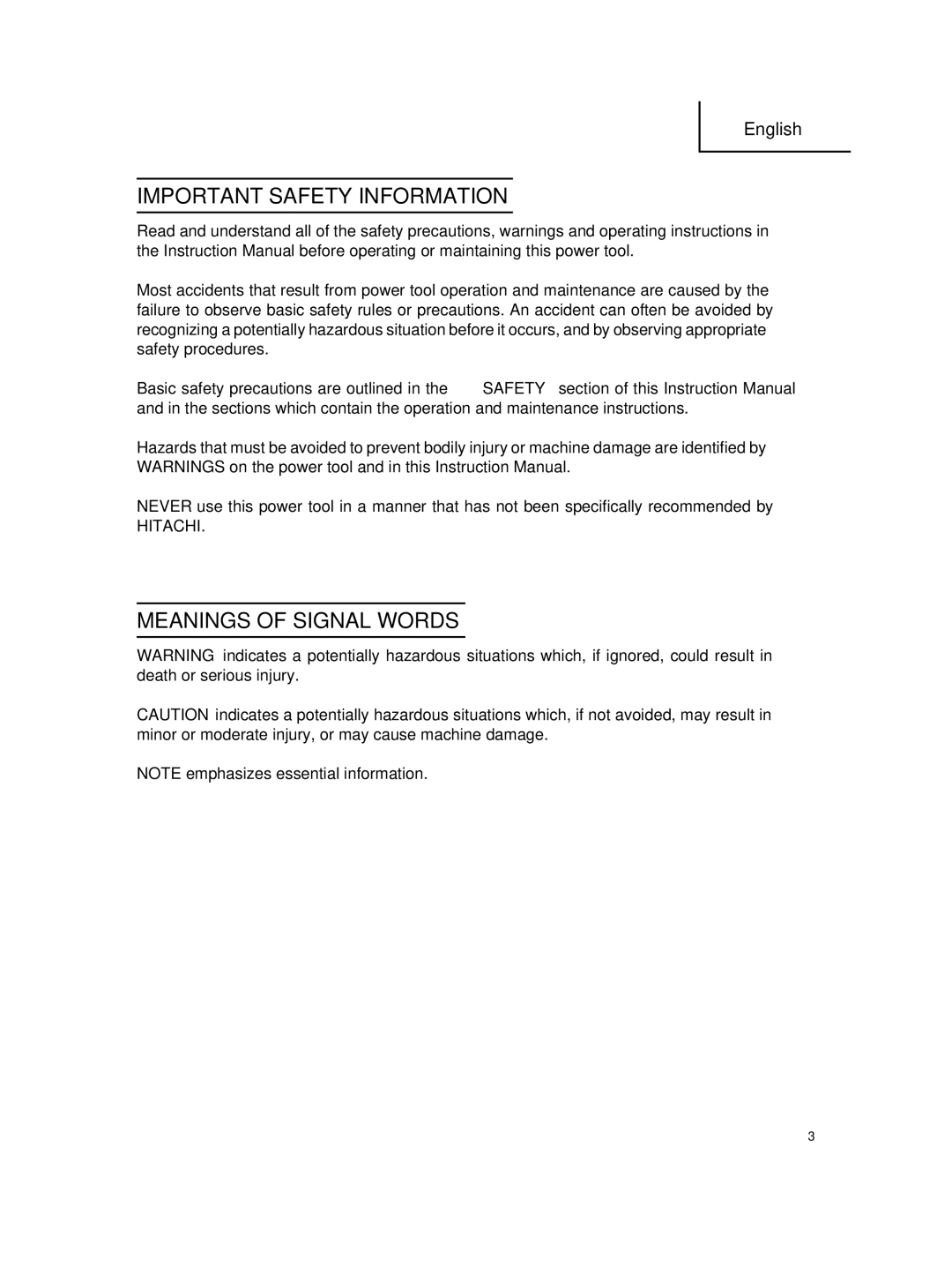 Hitachi SV 12SG instruction manual Important Safety Information, Meanings of Signal Words 