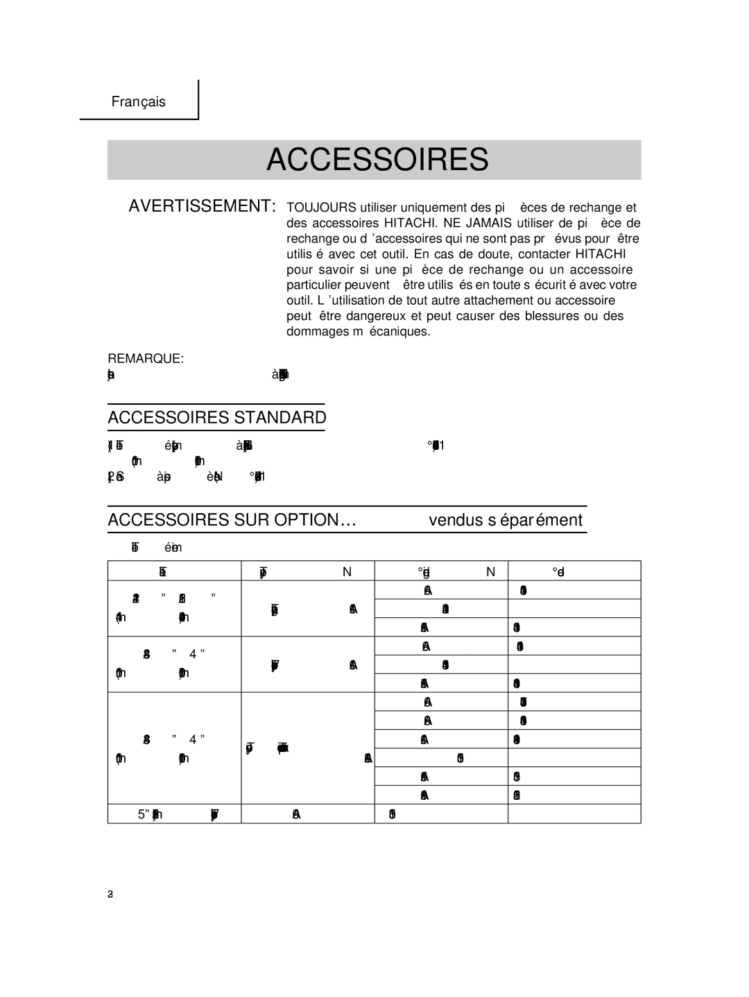 Hitachi SV 12SG instruction manual Accessoires Standard 