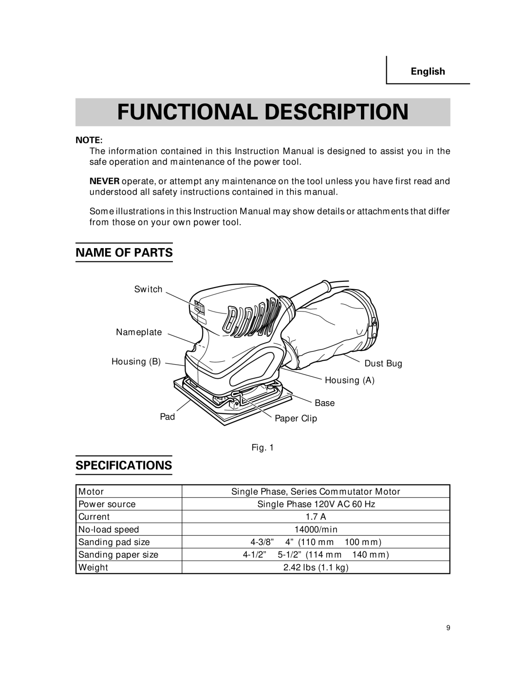 Hitachi SV 12SG instruction manual Functional Description, Name of Parts, Specifications 