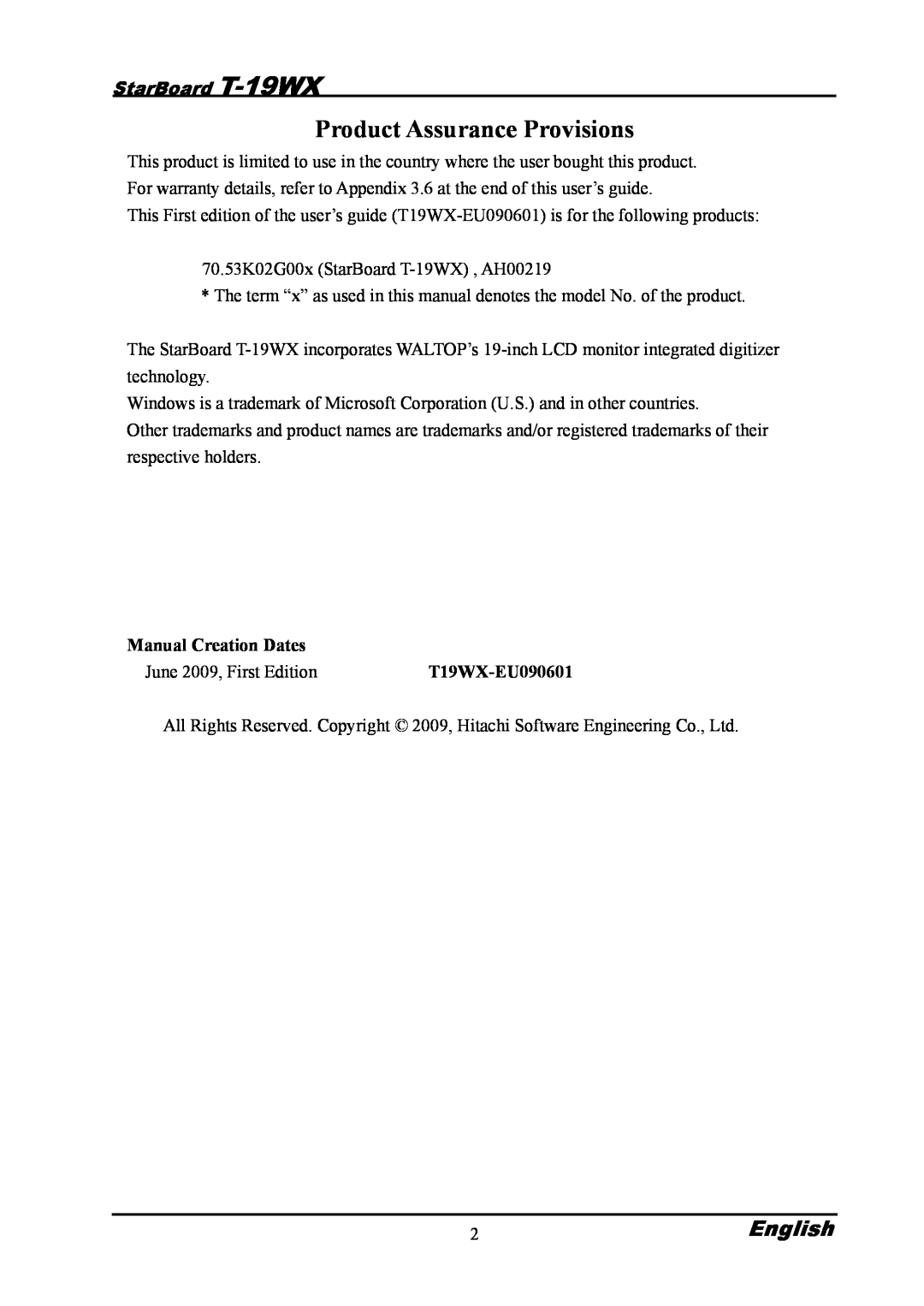 Hitachi Product Assurance Provisions, 2English, StarBoard T-19WX, Manual Creation Dates, June 2009, First Edition 
