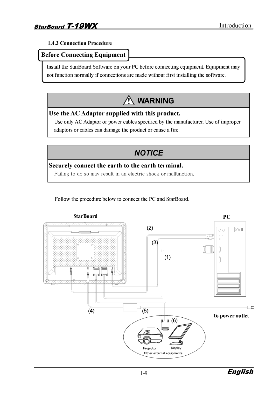 Hitachi T-19WX warranty Before Connecting Equipment, Connection Procedure, StarBoardPC To power outlet 