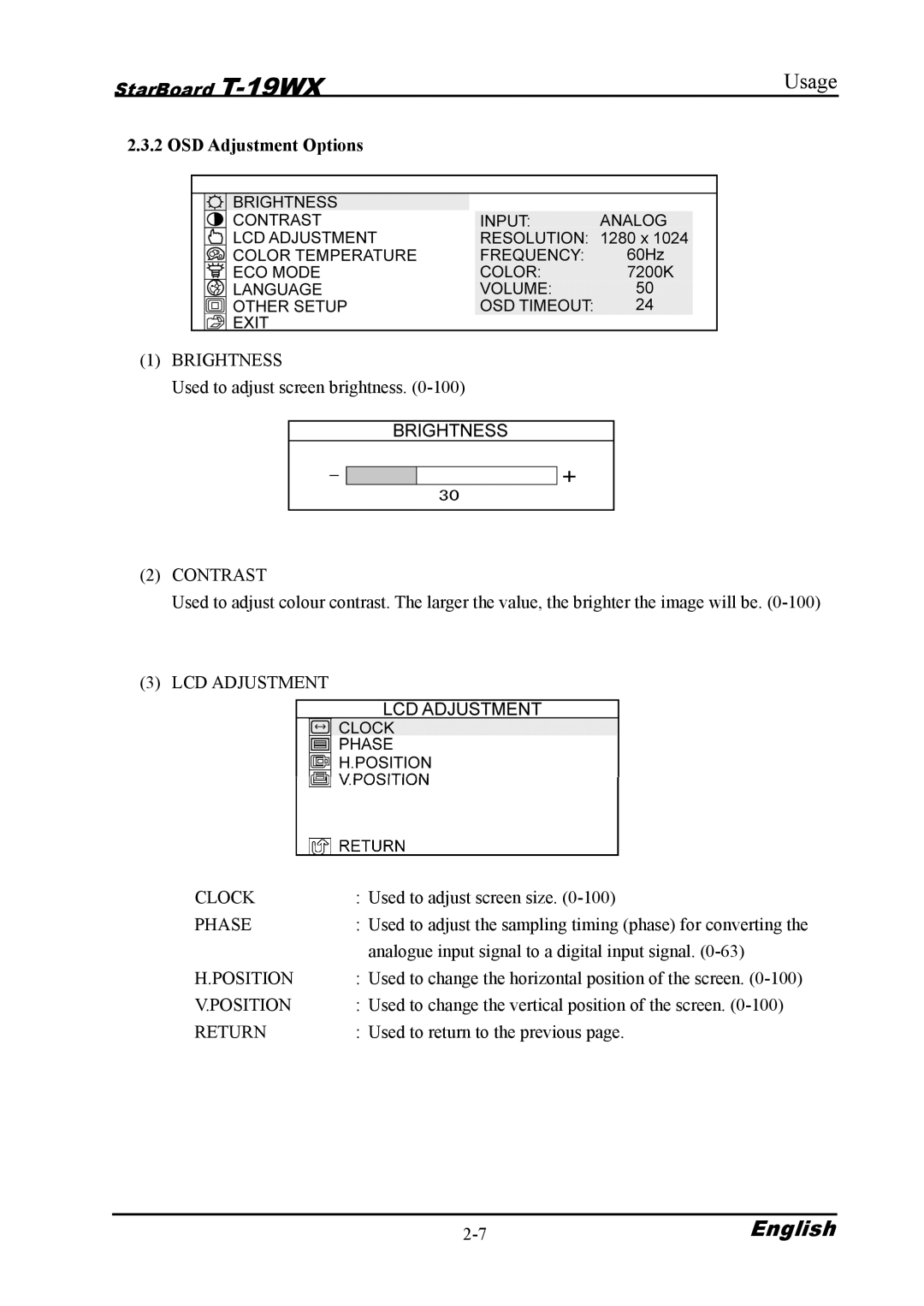 Hitachi T-19WX warranty Usage, OSD Adjustment Options 