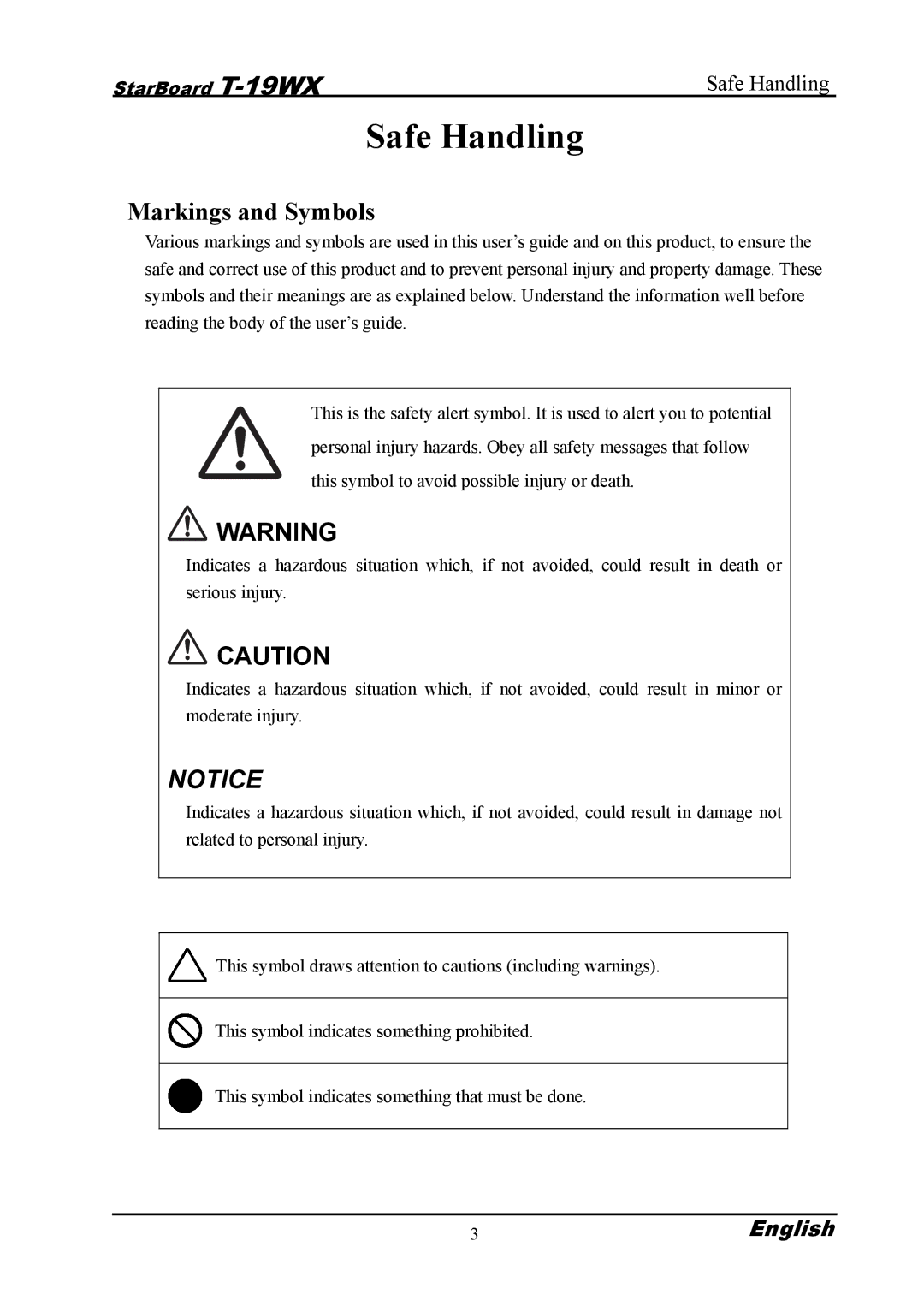 Hitachi T-19WX warranty Safe Handling, Markings and Symbols 