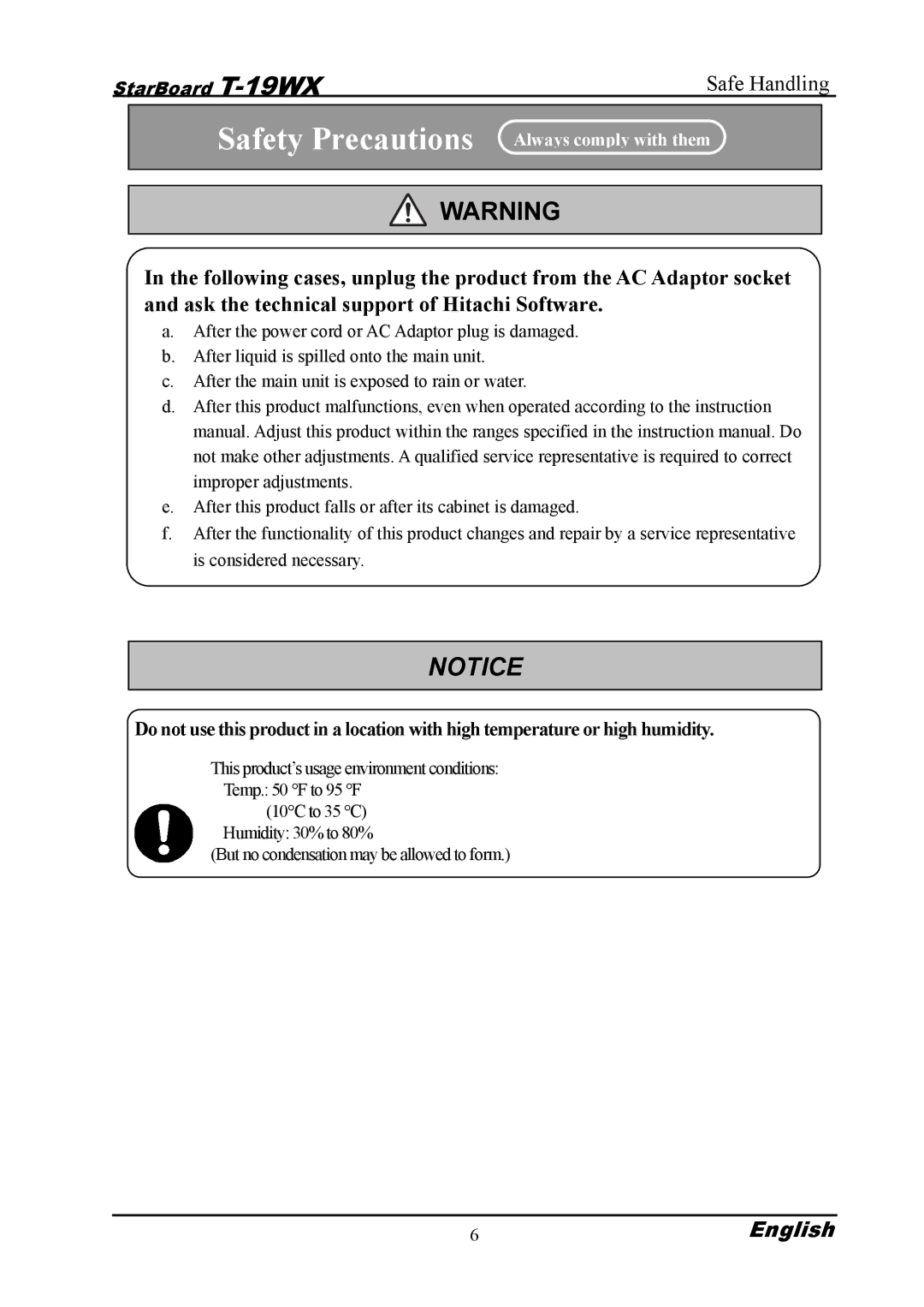 Hitachi T-19WX warranty 6English 