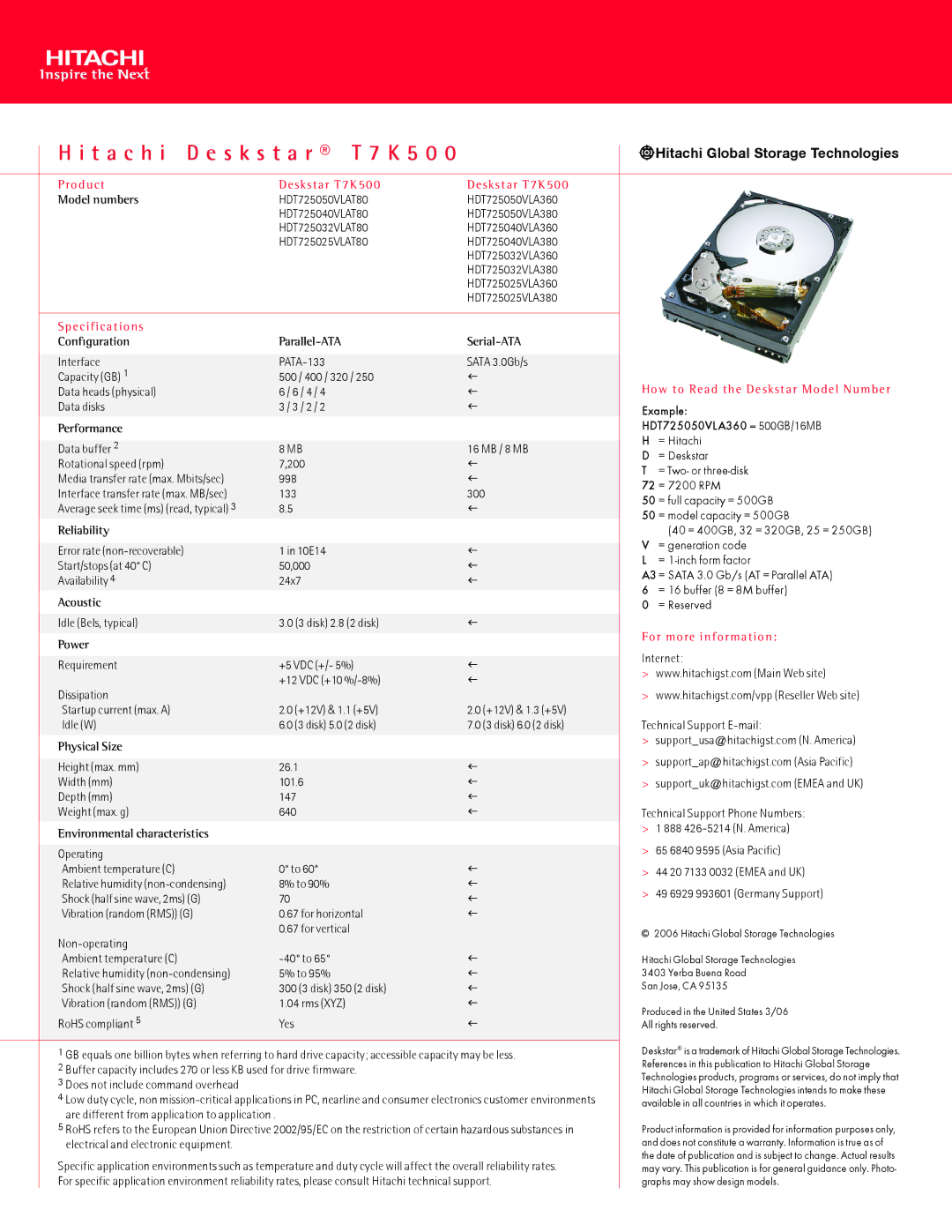 Hitachi T7K500 manual Model numbers, Configuration Parallel-ATA Serial-ATA, Acoustic, Power, Physical Size 