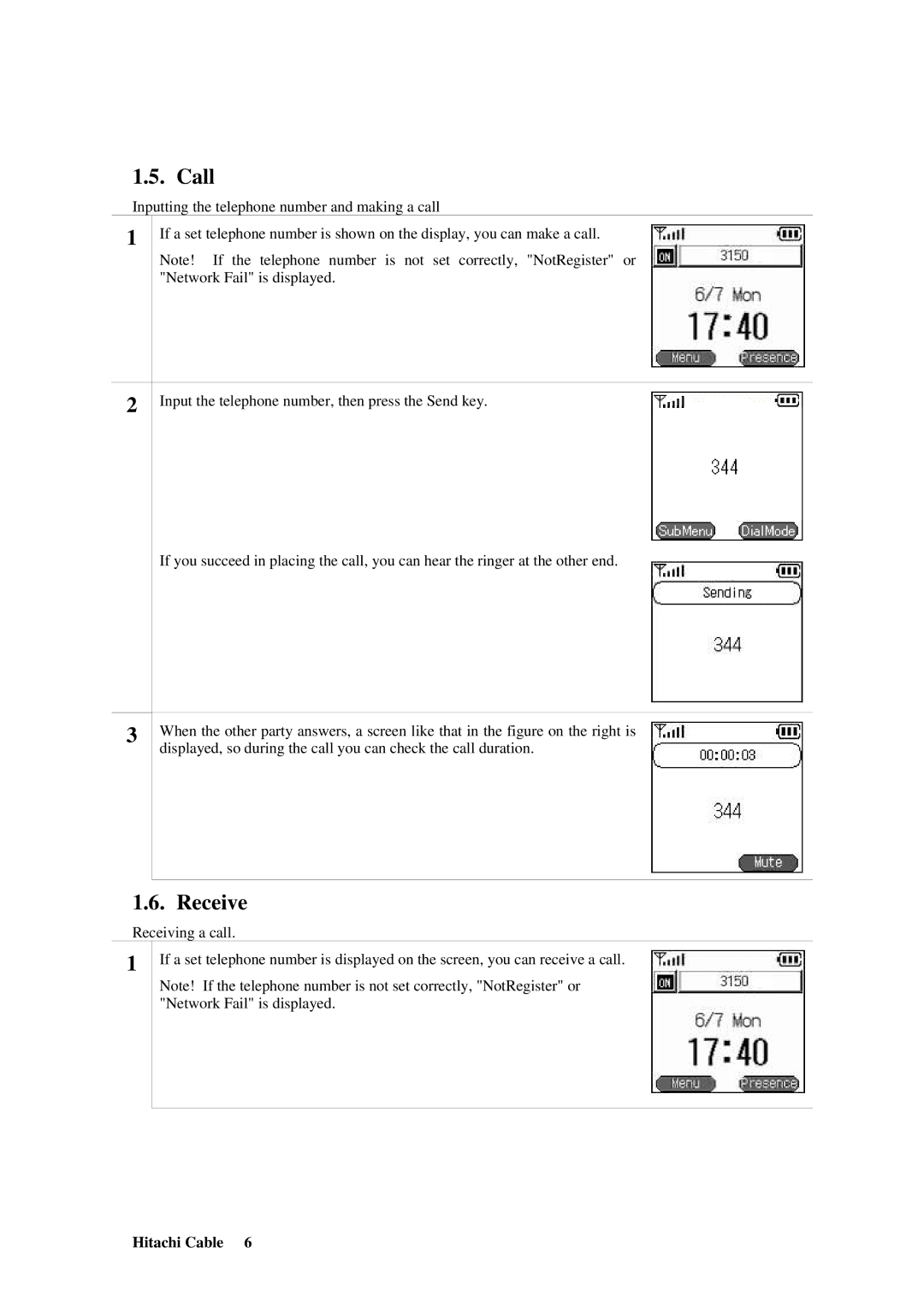 Hitachi TD61-2472 user manual Call, Receive 