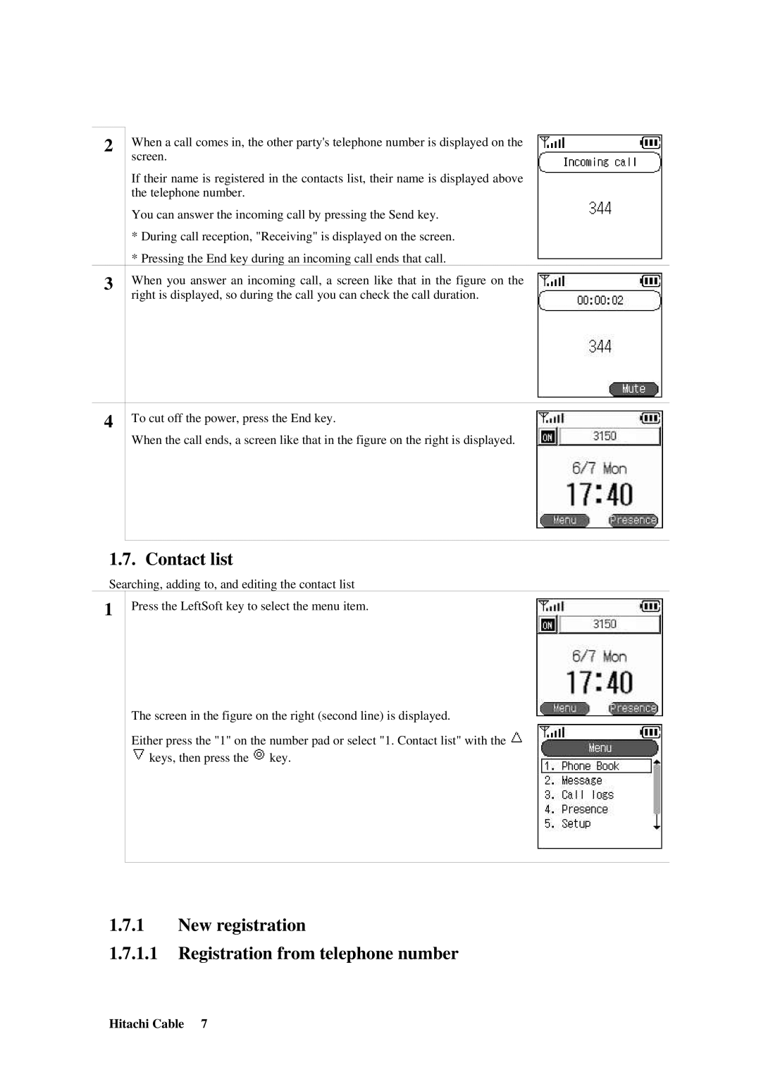 Hitachi TD61-2472 user manual Contact list, New registration Registration from telephone number 