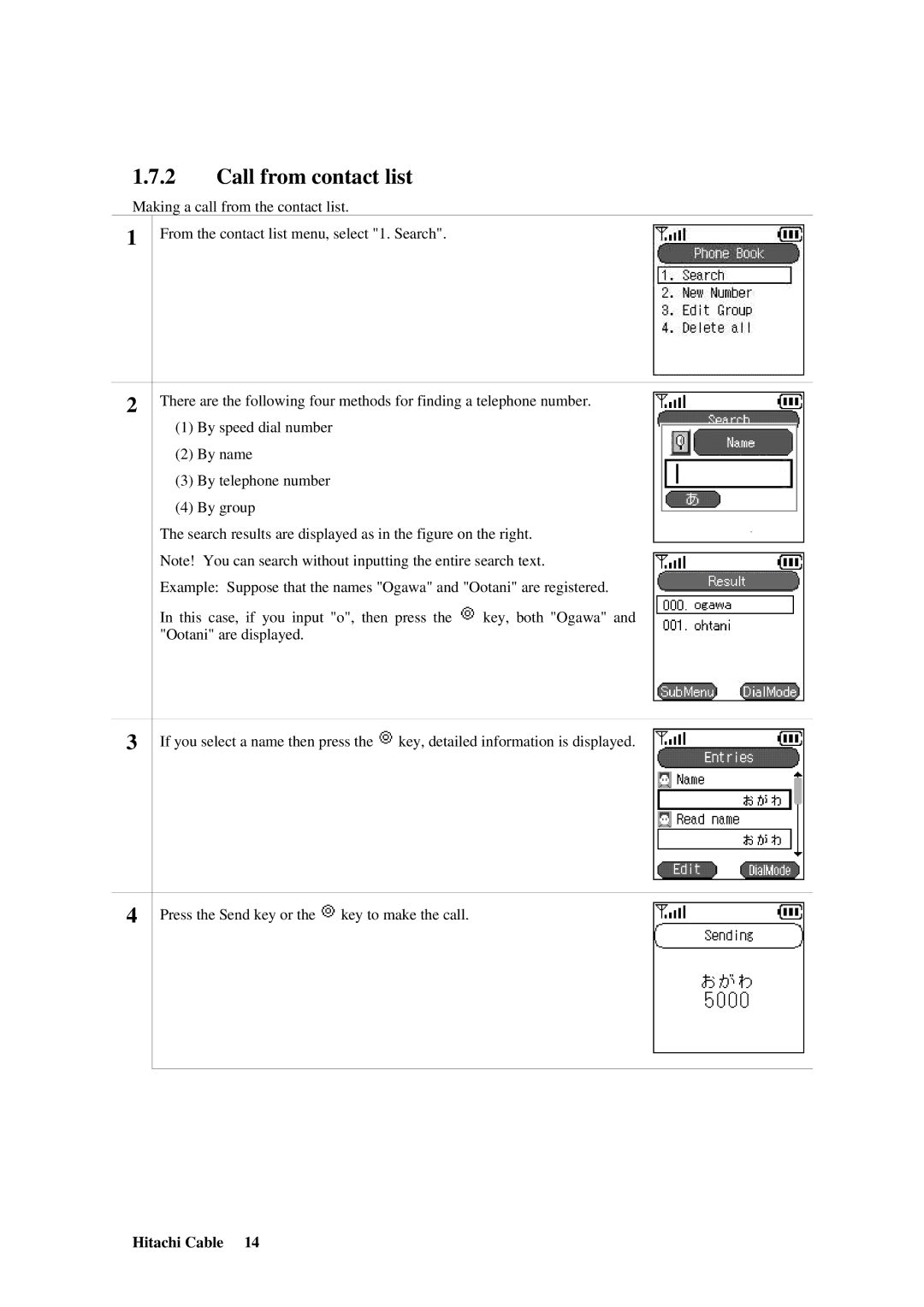 Hitachi TD61-2472 user manual Call from contact list 