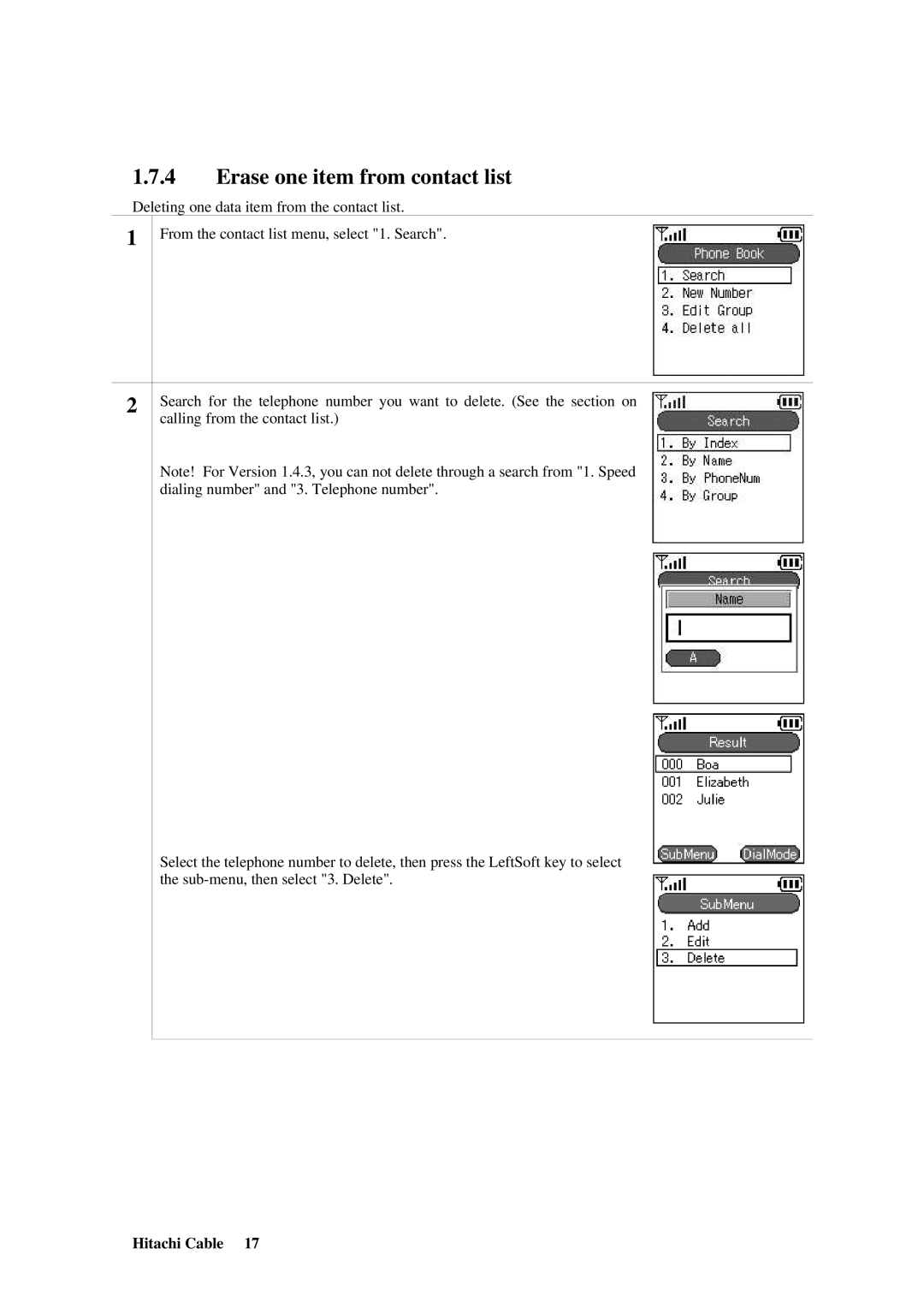 Hitachi TD61-2472 user manual Erase one item from contact list 