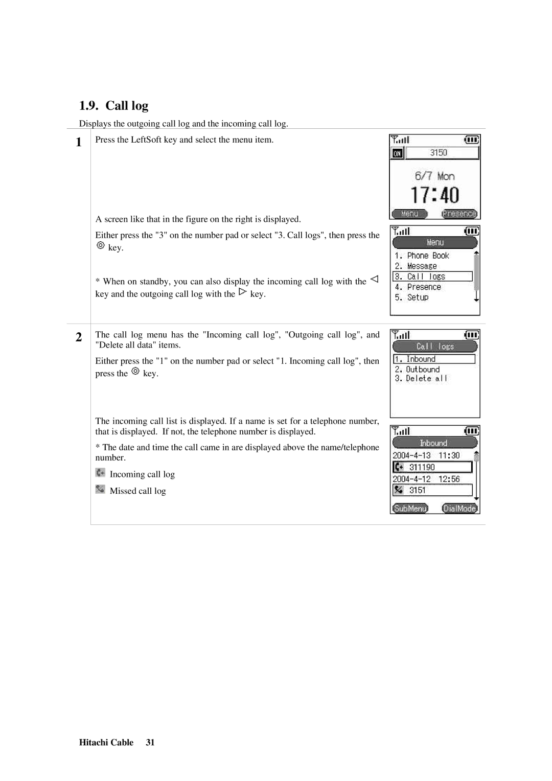 Hitachi TD61-2472 user manual Call log 