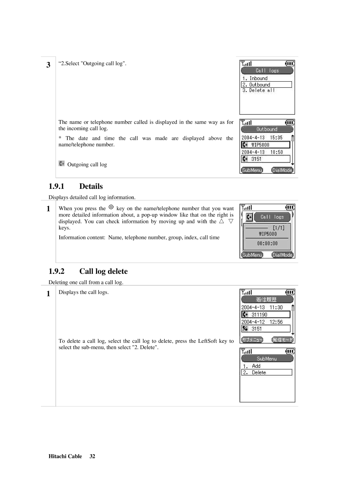 Hitachi TD61-2472 user manual Details, Call log delete 