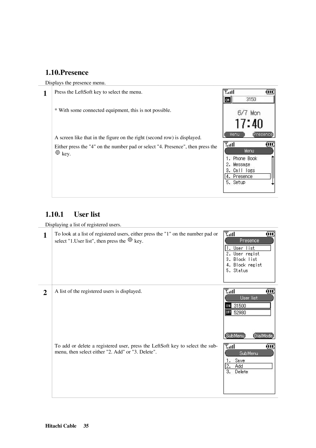 Hitachi TD61-2472 user manual Presence, User list 