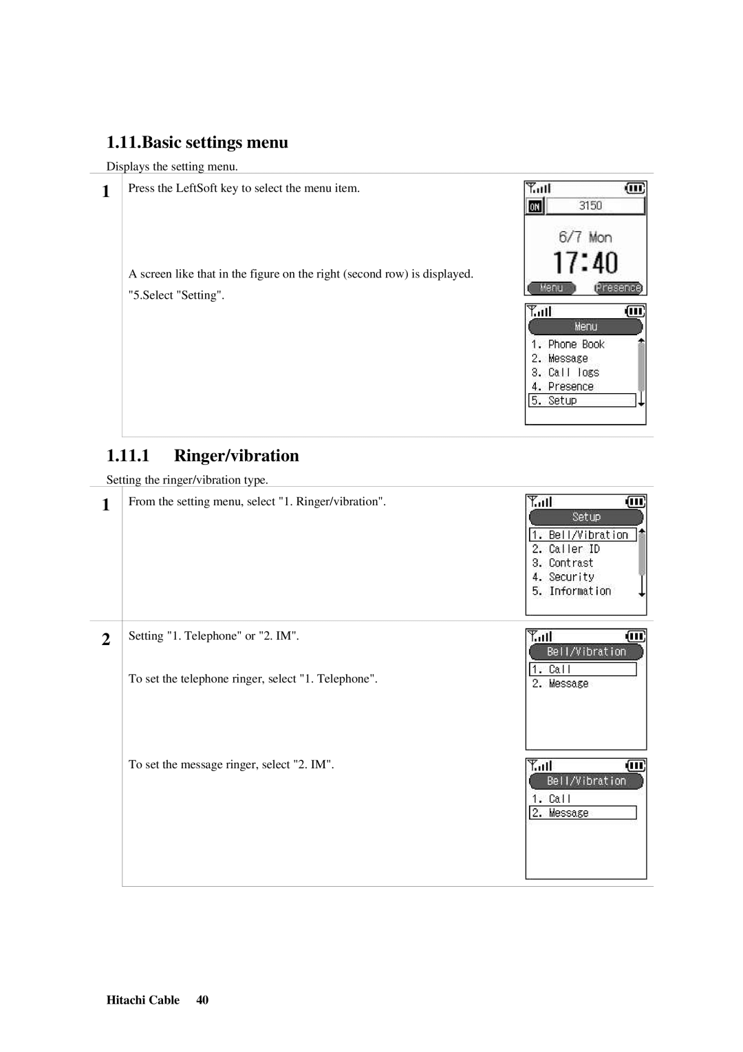 Hitachi TD61-2472 user manual Basic settings menu, Ringer/vibration 