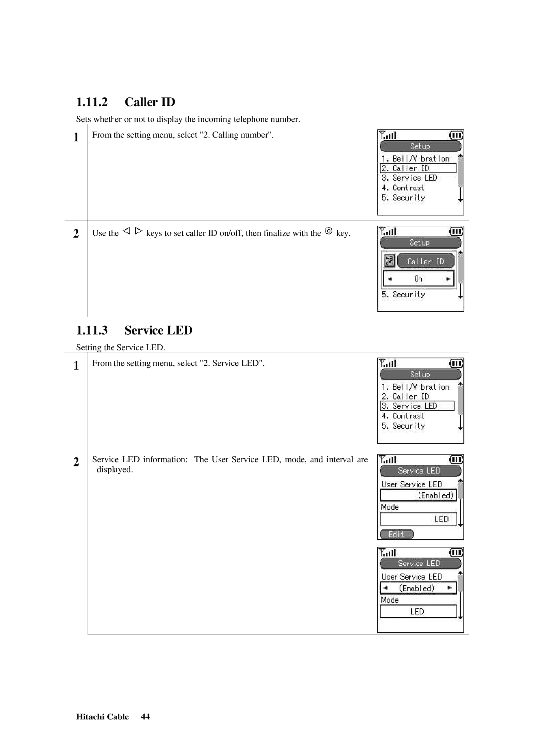 Hitachi TD61-2472 user manual Caller ID, Service LED 