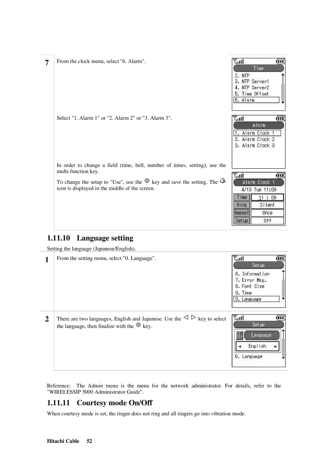 Hitachi TD61-2472 user manual Language setting, Courtesy mode On/Off 