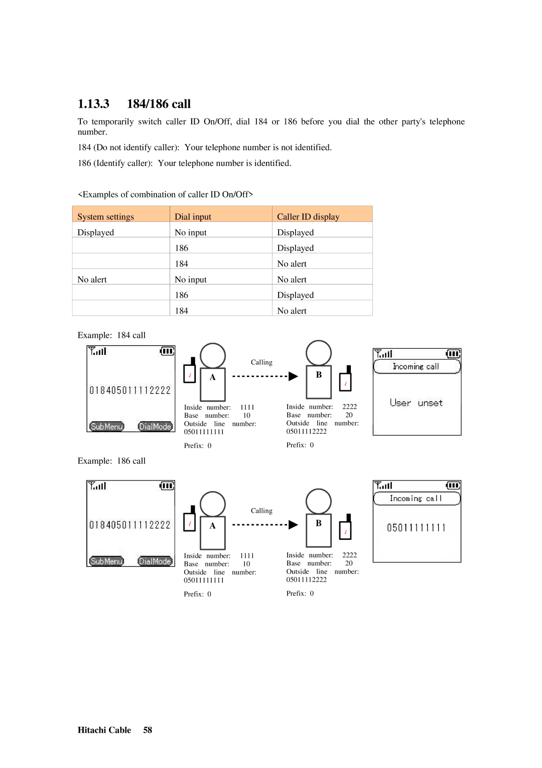 Hitachi TD61-2472 user manual 13.3 184/186 call, Example 186 call 