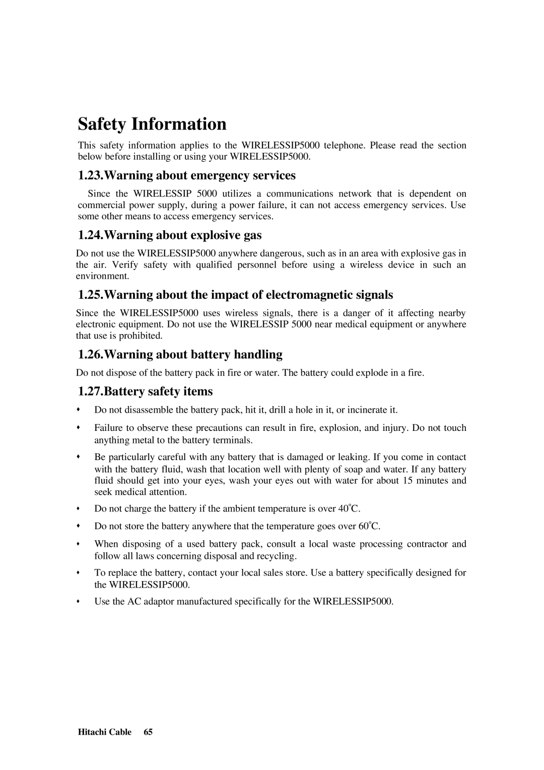 Hitachi TD61-2472 user manual Safety Information, Battery safety items 