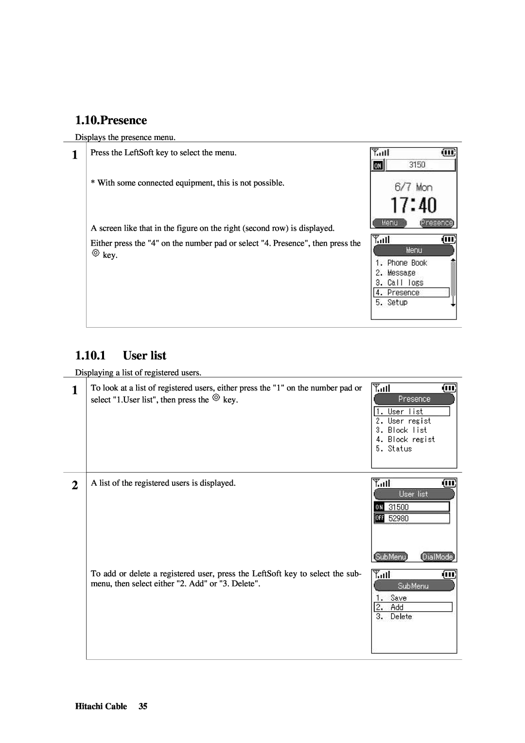 Hitachi TD61-2472 user manual Presence, User list 
