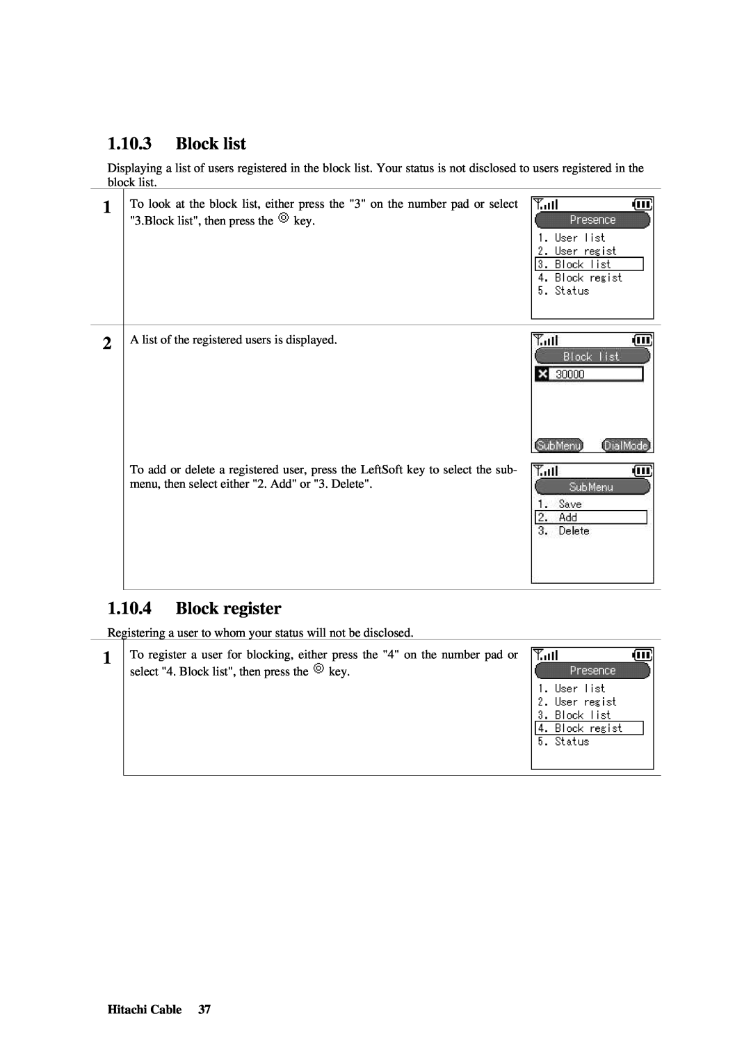 Hitachi TD61-2472 user manual Block list, Block register, Hitachi Cable 