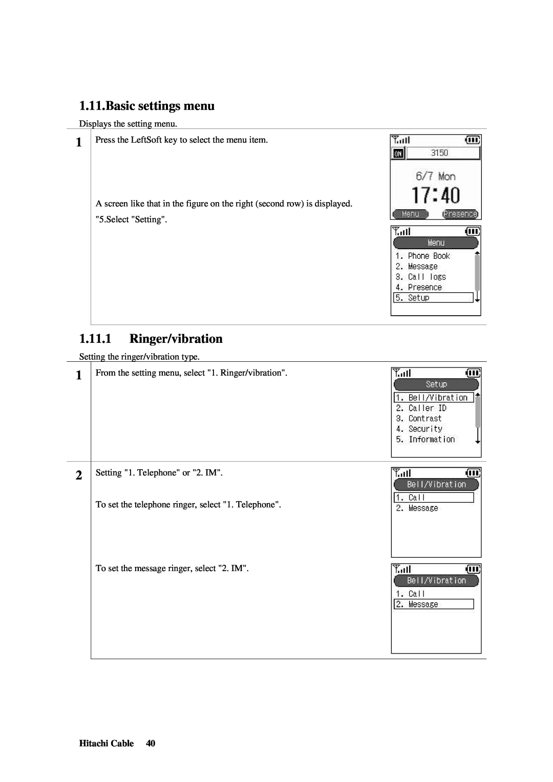 Hitachi TD61-2472 user manual Basic settings menu, Ringer/vibration 