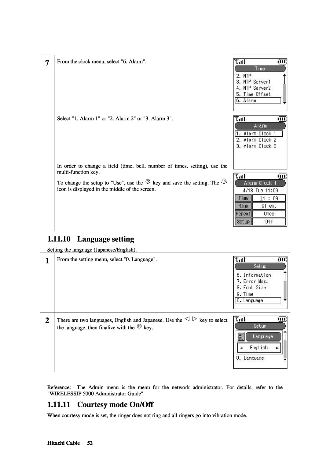 Hitachi TD61-2472 user manual Language setting, Courtesy mode On/Off 