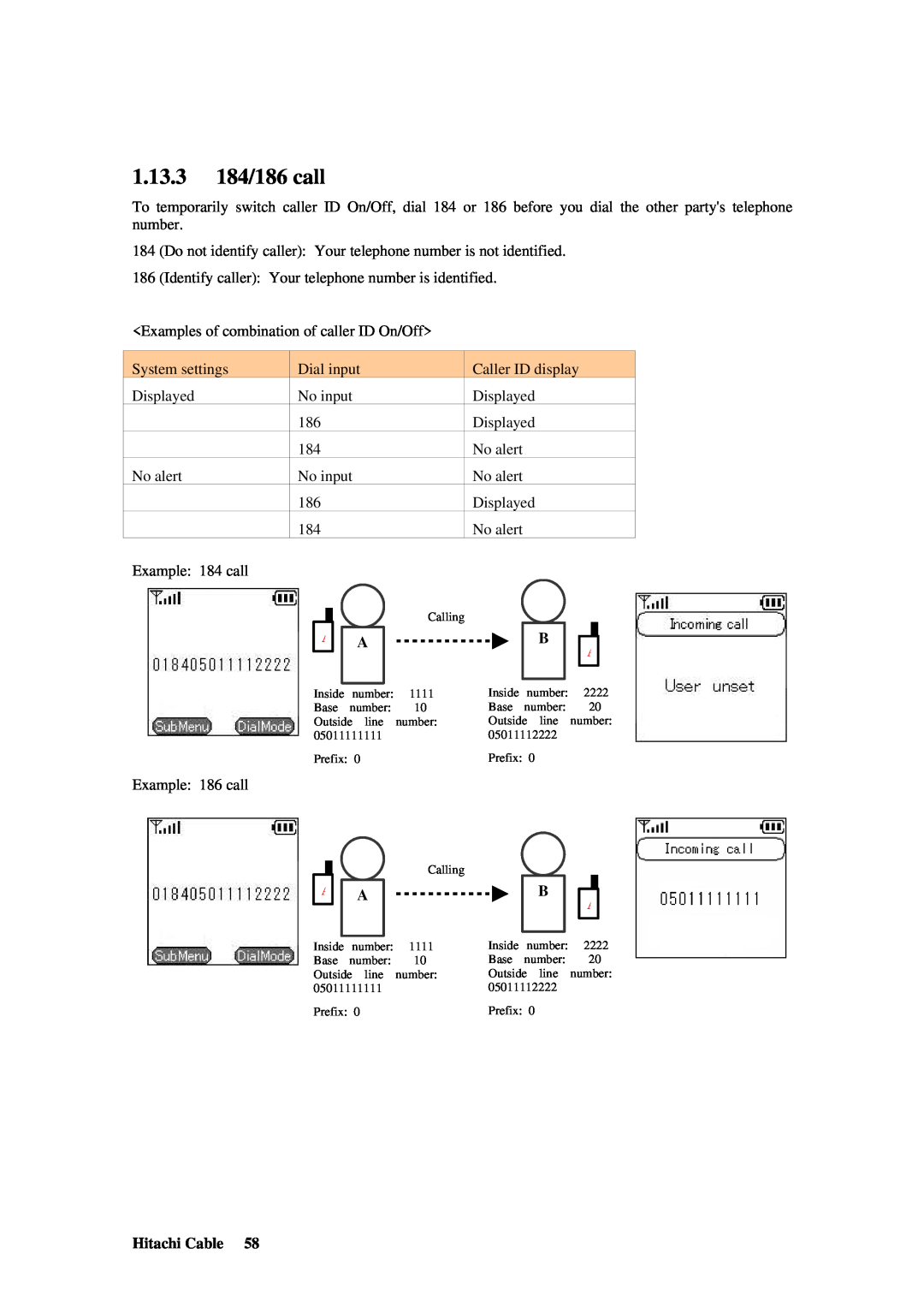 Hitachi TD61-2472 user manual 1.13.3 184/186 call, Hitachi Cable 
