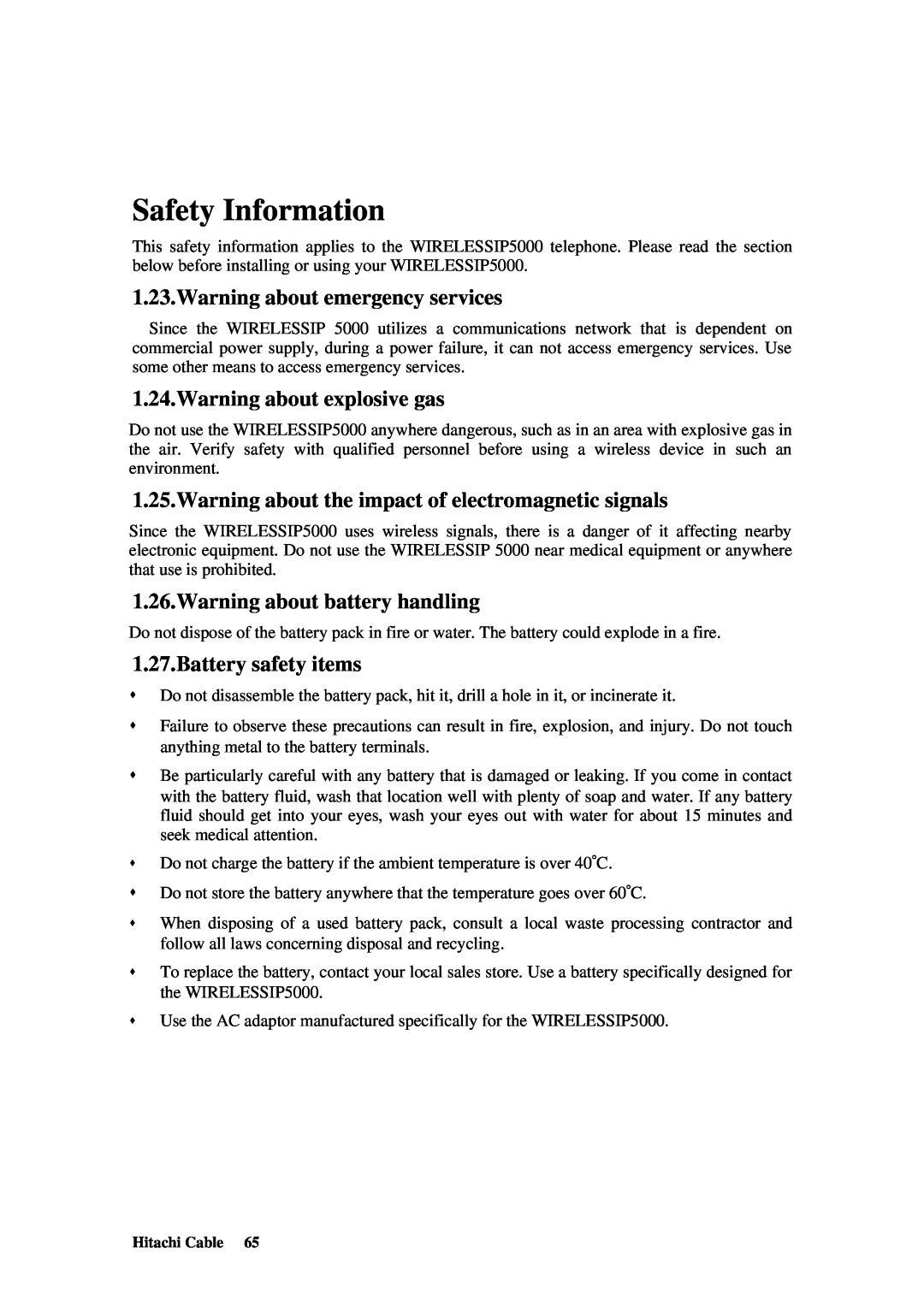 Hitachi TD61-2472 Safety Information, Warning about emergency services, Warning about explosive gas, Battery safety items 
