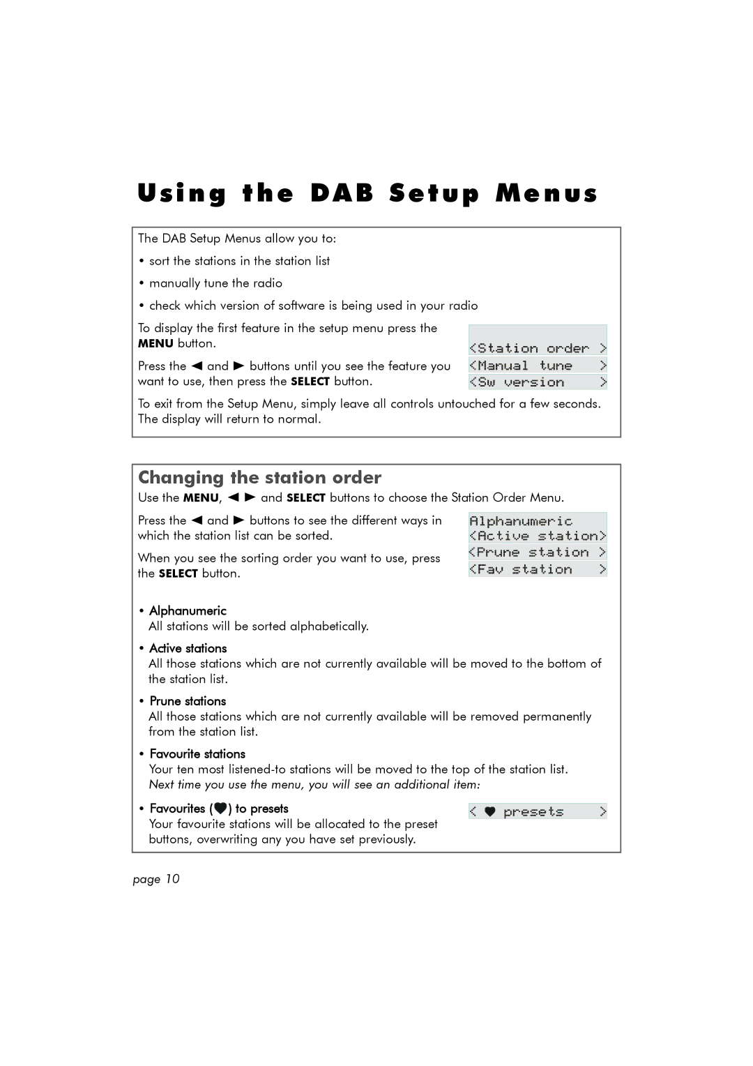 Hitachi TRK100DAB manual Using the DAB Setup Menus, Changing the station order 