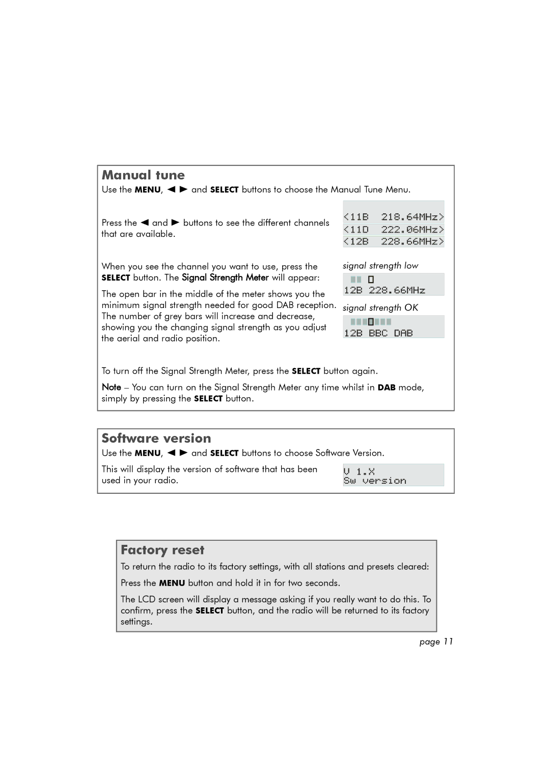 Hitachi TRK100DAB manual Manual tune, Software version, Factory reset 