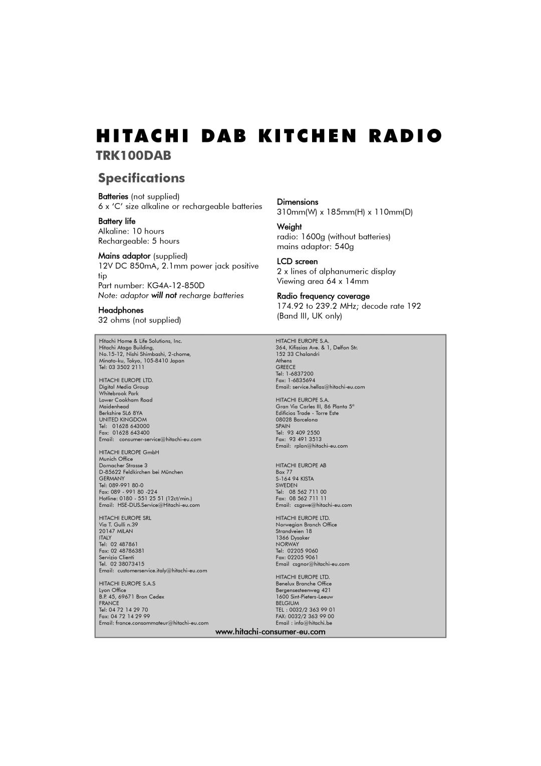 Hitachi TRK100DAB manual Hitachi DAB Kitchen Radio, Specifications 