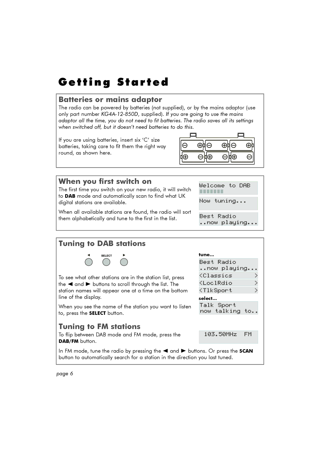 Hitachi TRK100DAB manual Getting Started, Batteries or mains adaptor, When you first switch on, Tuning to DAB stations 