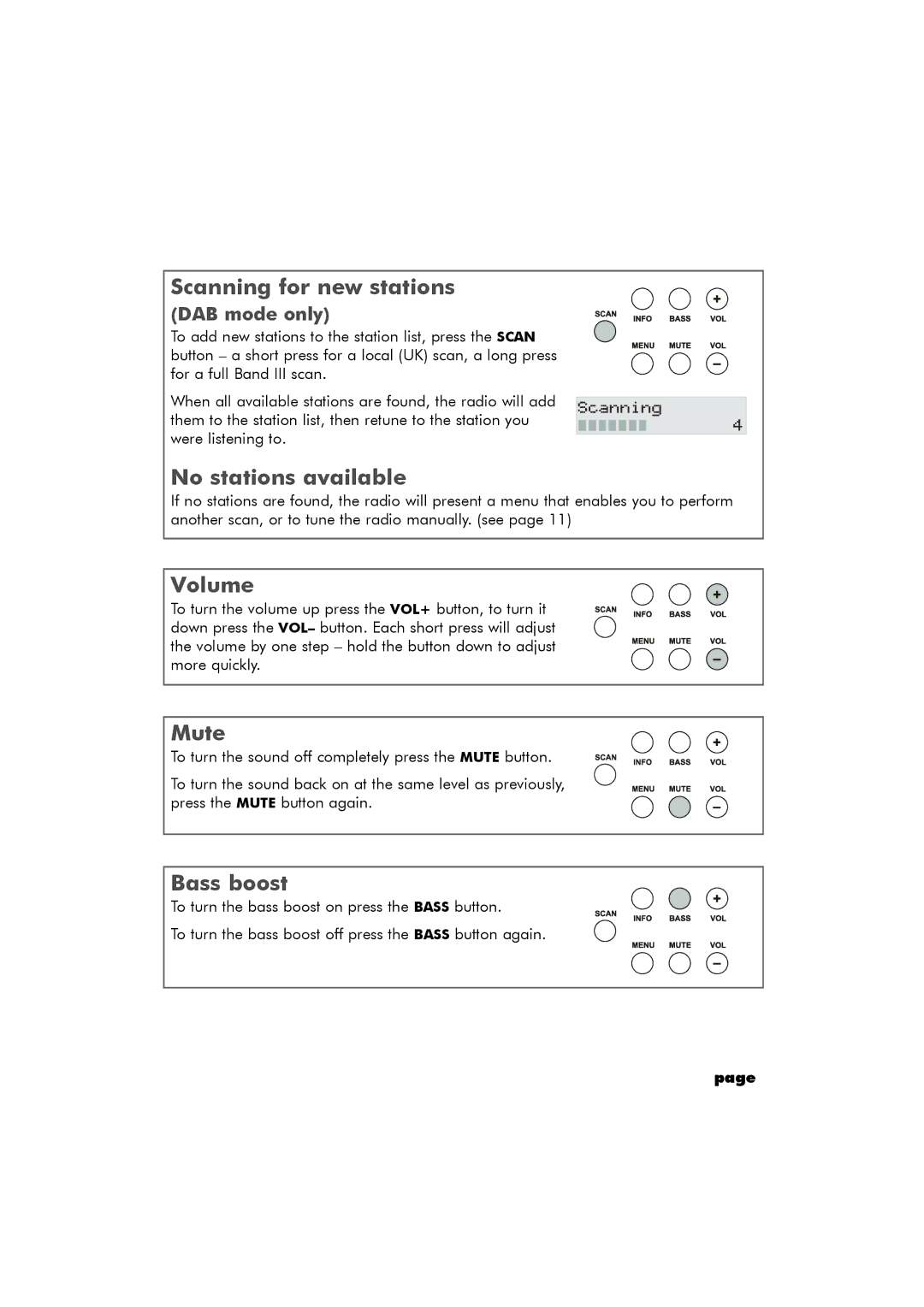 Hitachi TRK100DAB manual Scanning for new stations, No stations available, Volume, Mute, Bass boost 