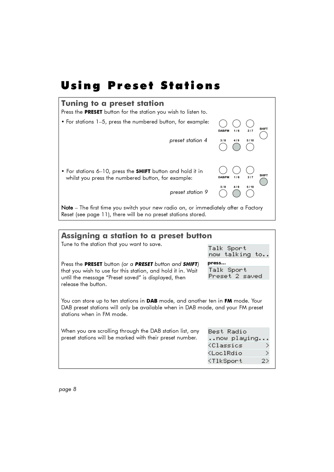 Hitachi TRK100DAB manual Using Preset Stations, Tuning to a preset station, Assigning a station to a preset button 