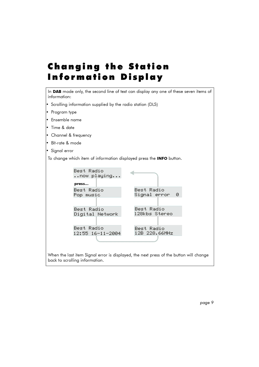 Hitachi TRK100DAB manual Changing the Station Information Display 