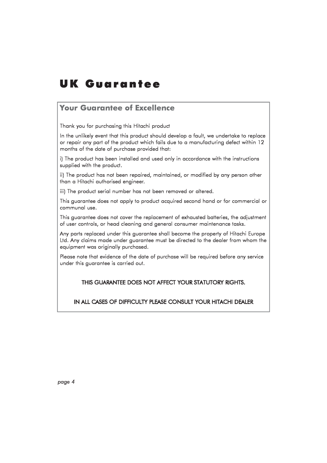 Hitachi TRK100DAB manual UK Guarantee, Your Guarantee of Excellence 