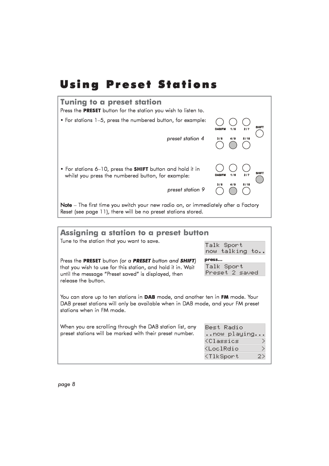 Hitachi TRK100DAB manual Using Preset Stations, Tuning to a preset station, Assigning a station to a preset button 