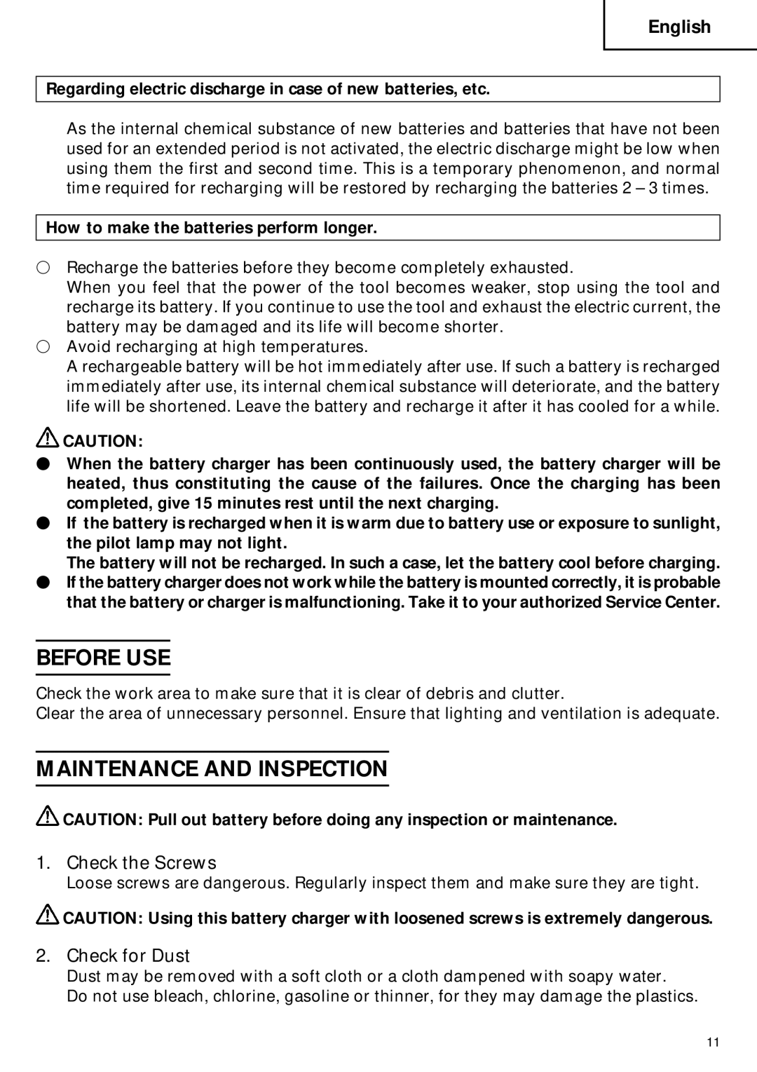 Hitachi UC 18YG instruction manual Before USE, Maintenance and Inspection, Check the Screws, Check for Dust 