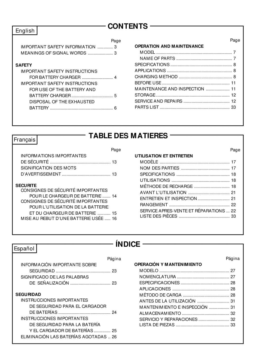 Hitachi UC 18YG instruction manual Contents, Table DES Matieres, Índice 