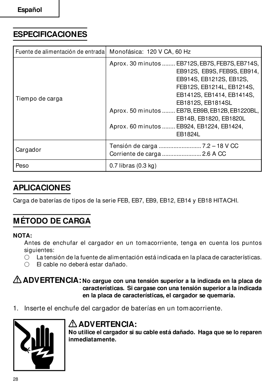 Hitachi UC 18YG instruction manual Especificaciones, Aplicaciones, Método DE Carga 