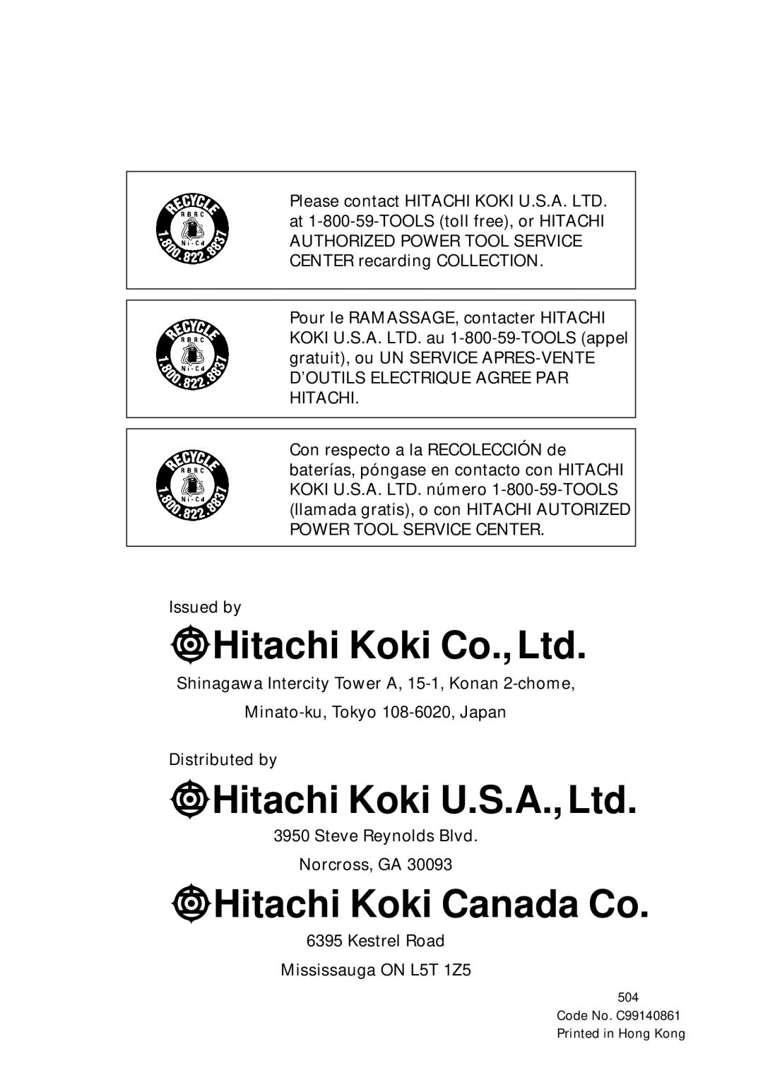 Hitachi UC 18YG instruction manual Hitachi Koki Canada Co 