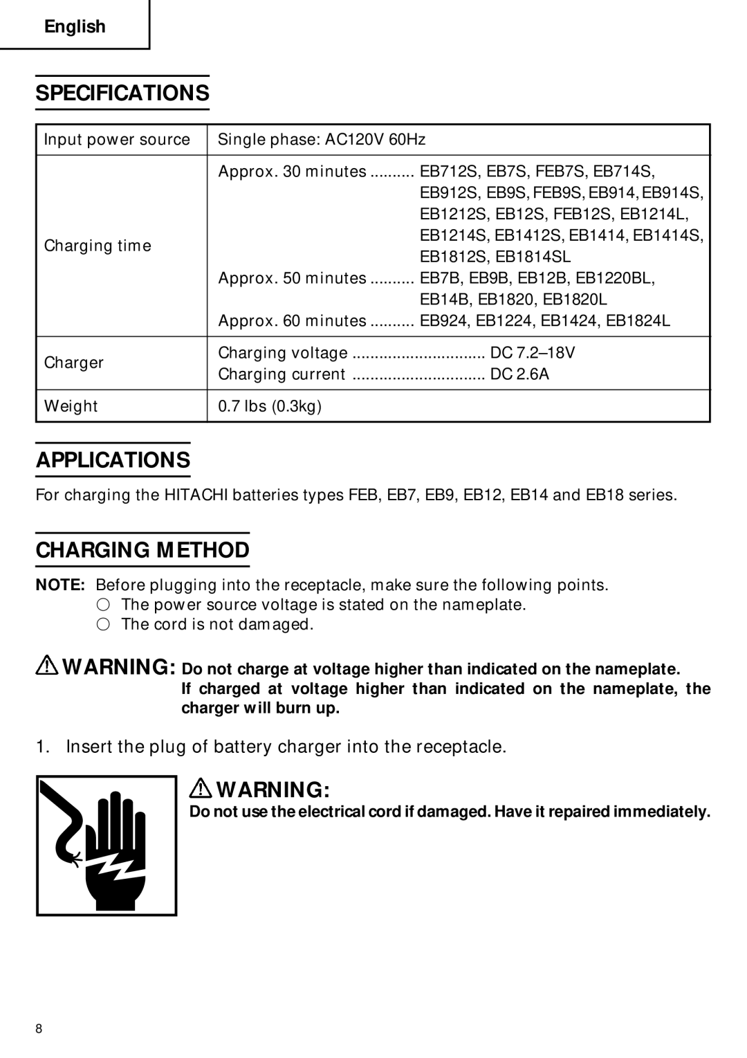 Hitachi UC 18YG Specifications, Applications, Charging Method, Insert the plug of battery charger into the receptacle 