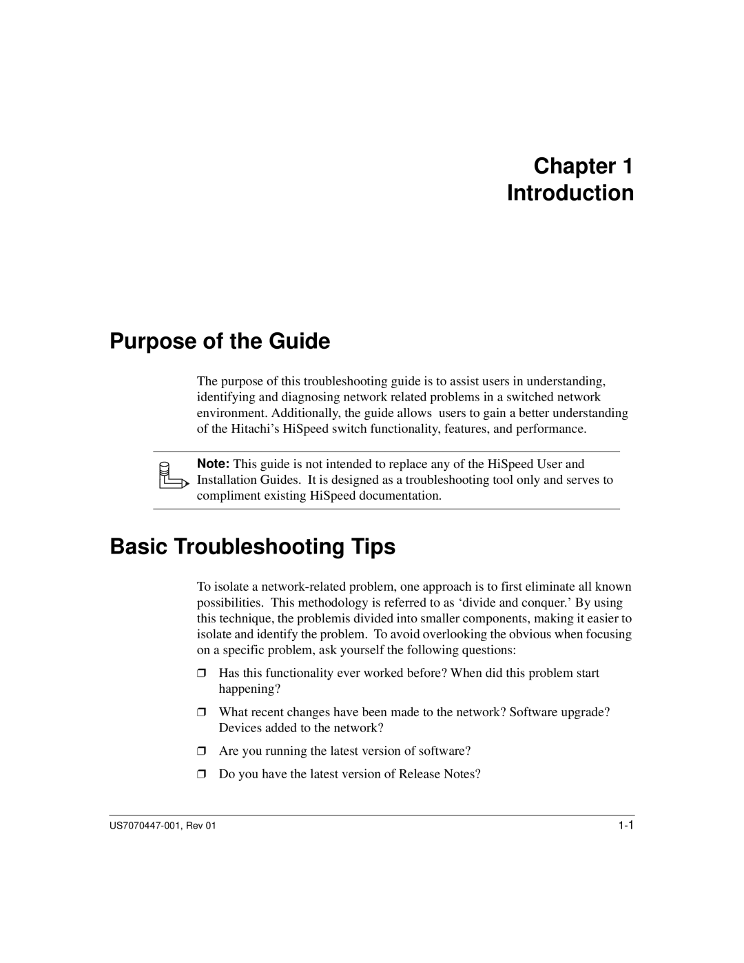 Hitachi US7070447-001 manual Chapter Introduction Purpose of the Guide, Basic Troubleshooting Tips 