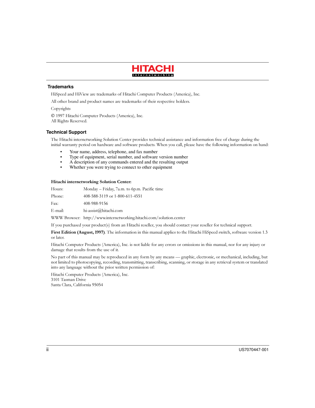 Hitachi US7070447-001 #&$$%, Your name, address, telephone, and fax number, 3#/#, Trademarks, $2/2, Technical!Support 