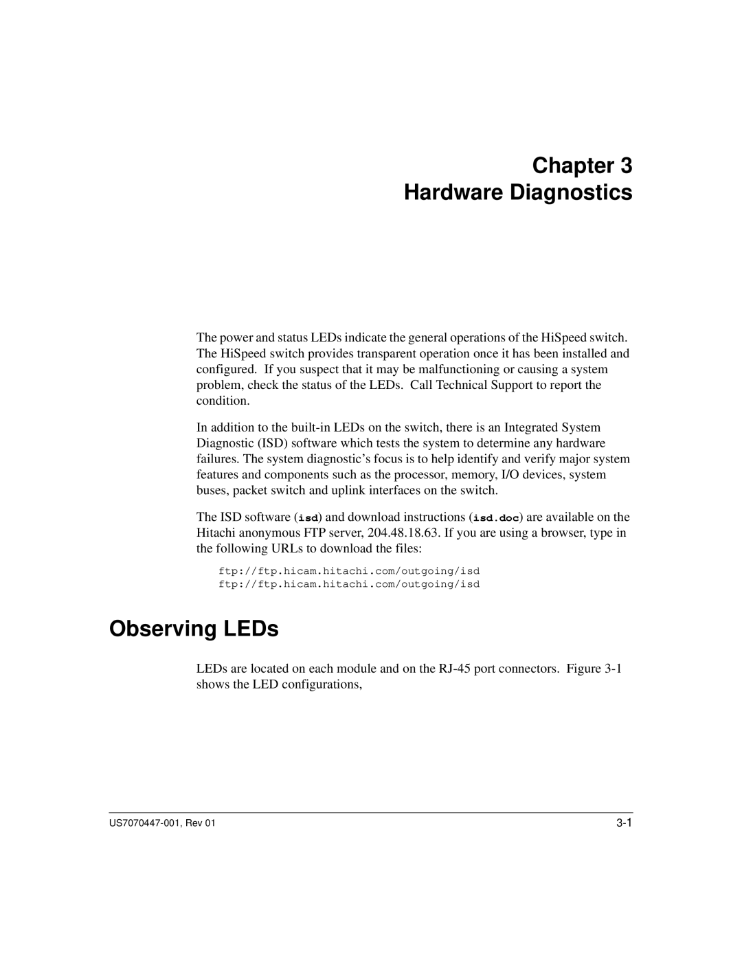 Hitachi US7070447-001 manual Chapter Hardware Diagnostics, Observing LEDs 