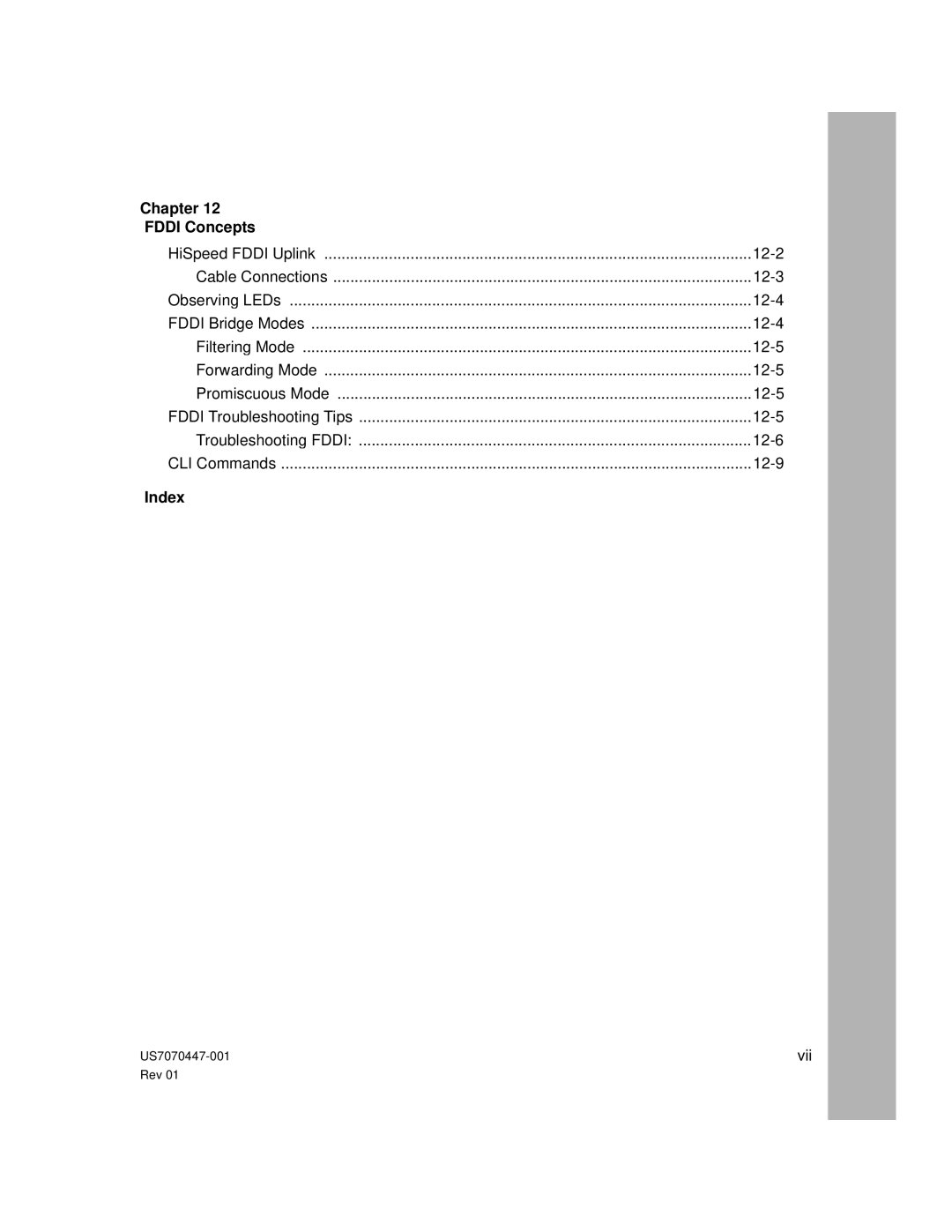 Hitachi US7070447-001 manual Chapter, FDDI Concepts, Index 