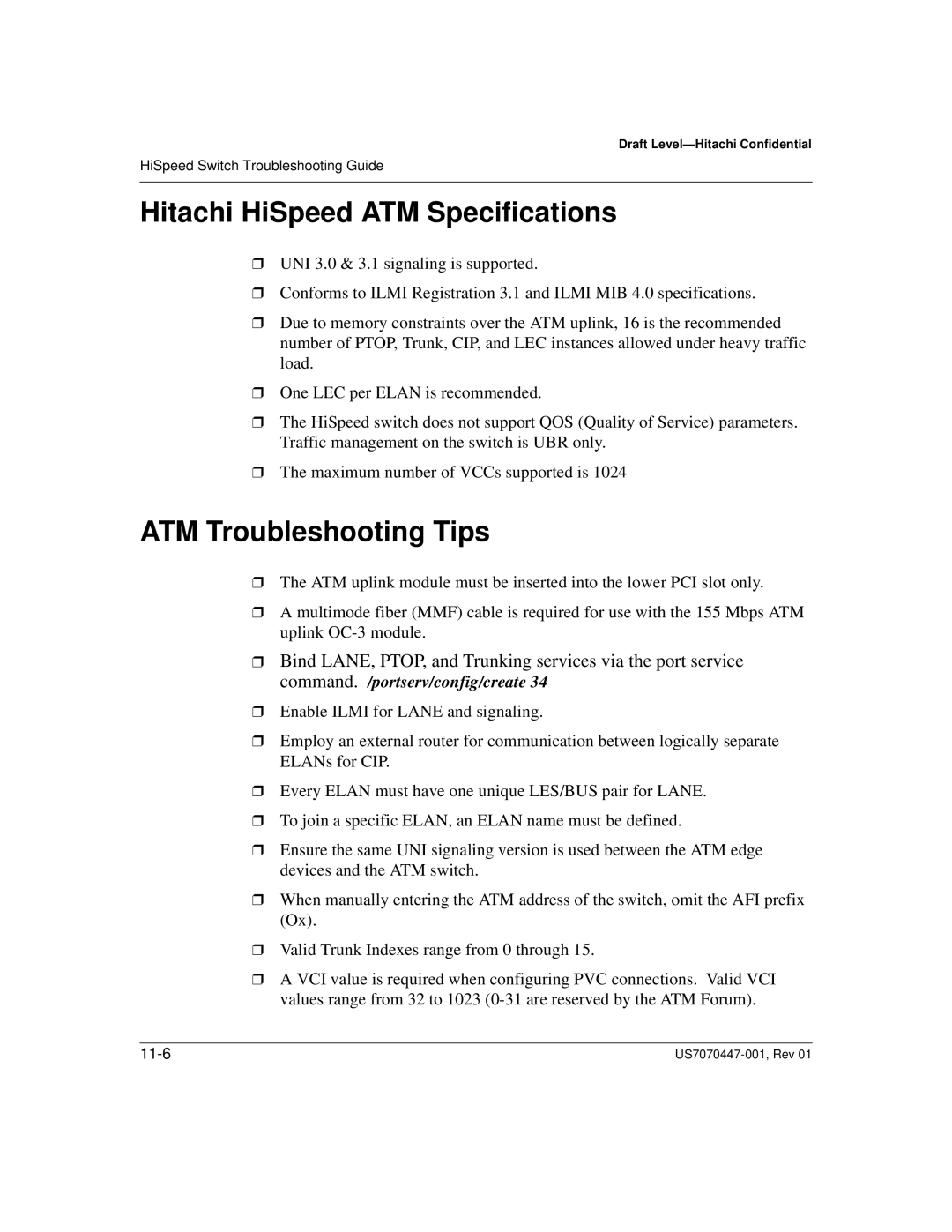 Hitachi US7070447-001 manual Hitachi HiSpeed ATM Specifications, ATM Troubleshooting Tips 