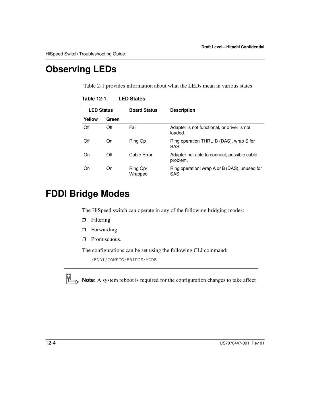 Hitachi US7070447-001 manual FDDI Bridge Modes, Observing LEDs 